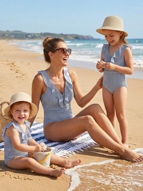 NWT Matching Mommy & Me Nautical Stripe Ruffle Swimsuit - Women L, Girl 6-7Y, 2Y